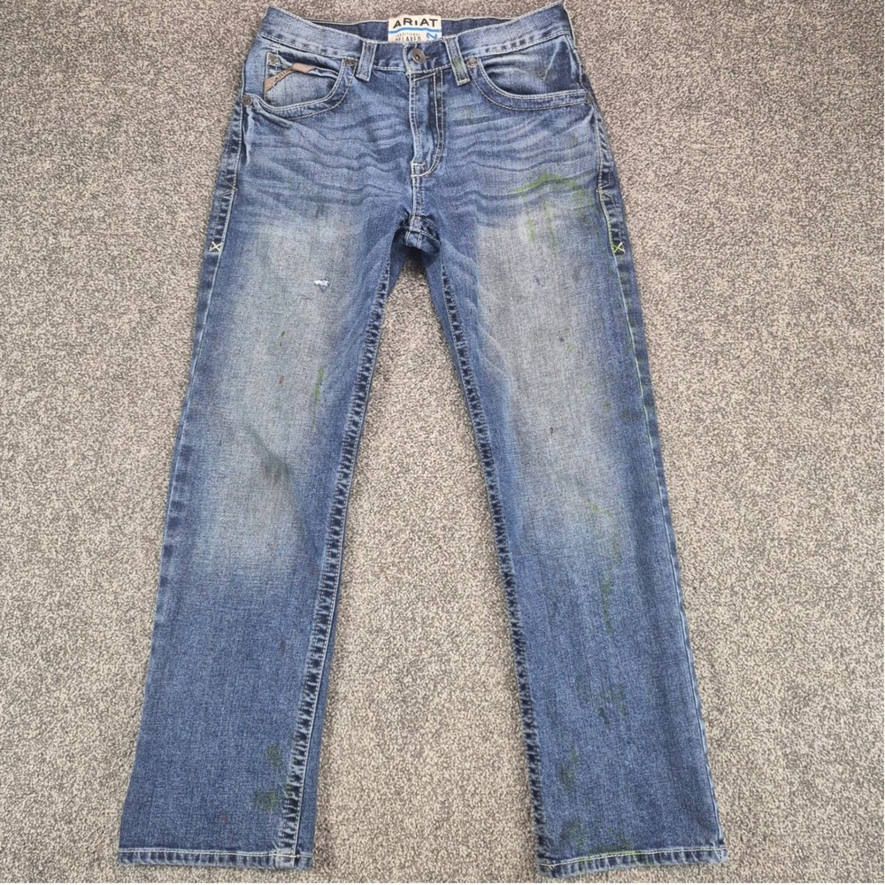 Ariat M2 Relaxed Boot Cut Jeans Mens 29x30 Blue Denim Distressed Paint Splatter